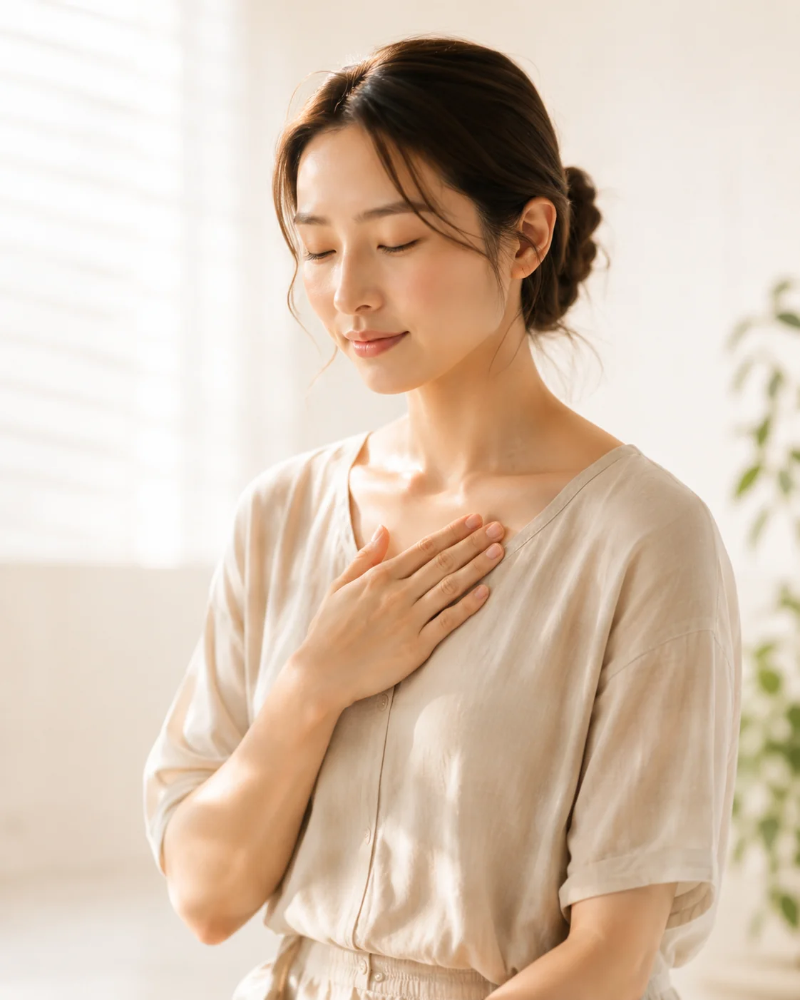胸に手を当て、静かに自分と向き合う女性