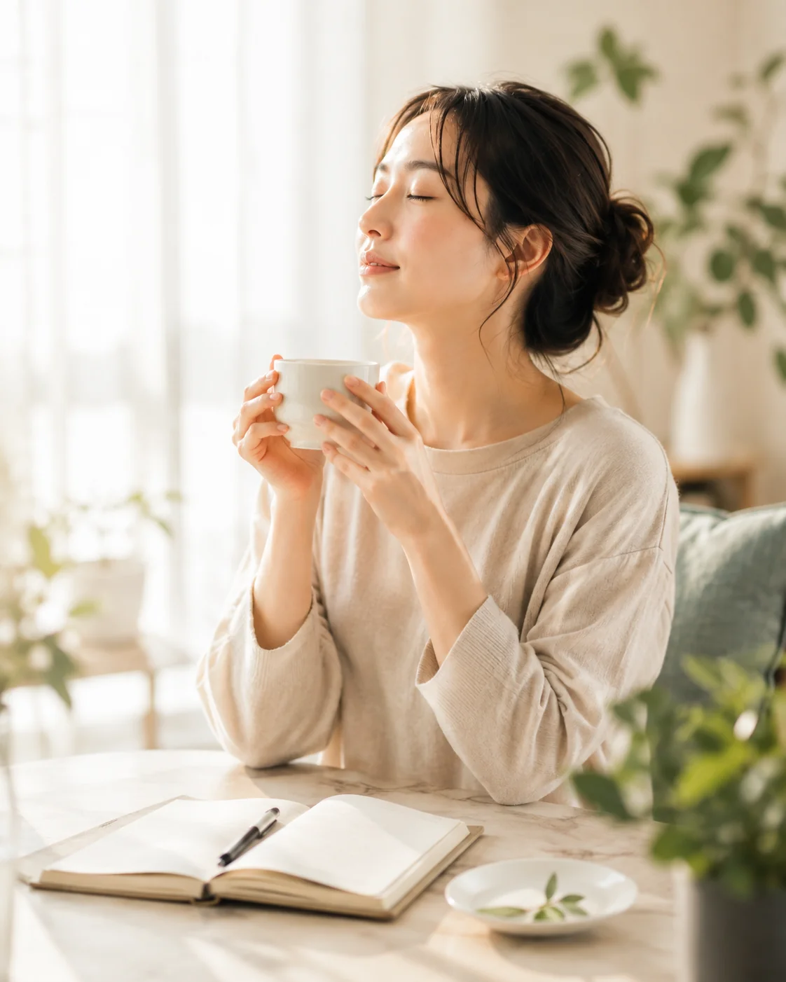 温かいお茶を手に、自分らしい毎日を過ごす女性